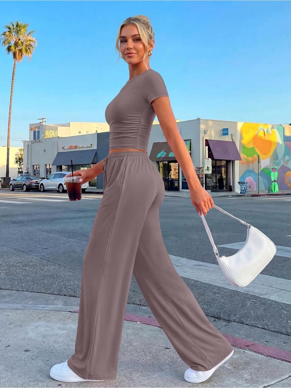 Trendy Queen Soft Mauve Lounge Set - Wide Leg Pants & Ruched Crop Tee - Medium